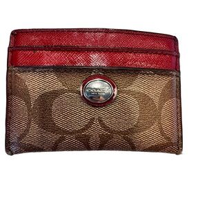 Coach Card Holder Cards Case Signature Canvas Red/Brown 5 slots